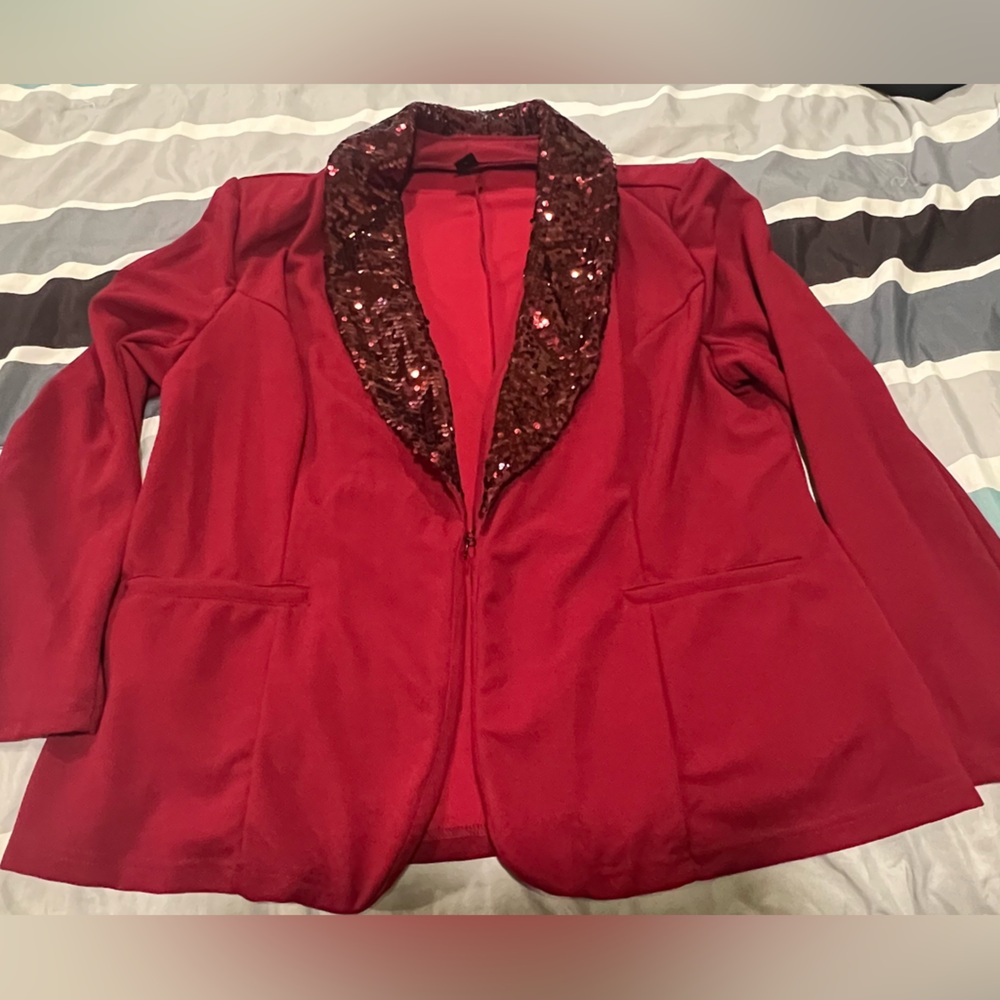 BIG SALE(3 for $50)- Women's Red Sequin Collar Jacket